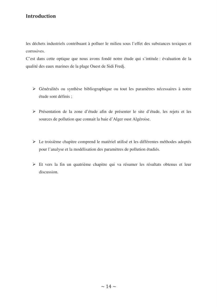 Evaluation de la qualité des eaux marine de la plage ouest Sidi Fredj.