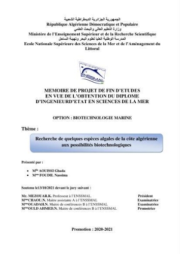 Recherche de quelques espèces algales de la co^te algérienne aux possibilités biotechnologiques Recherche de quelques espèces algales de la co^te algérienne aux possibilités biotechnologiques