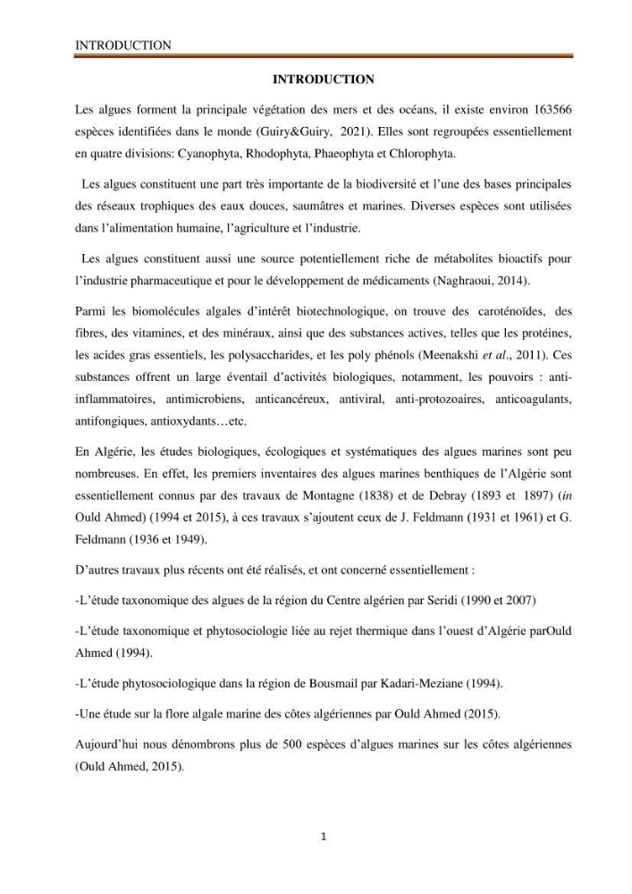 Recherche de quelques espèces algales de la co^te algérienne aux possibilités biotechnologiques