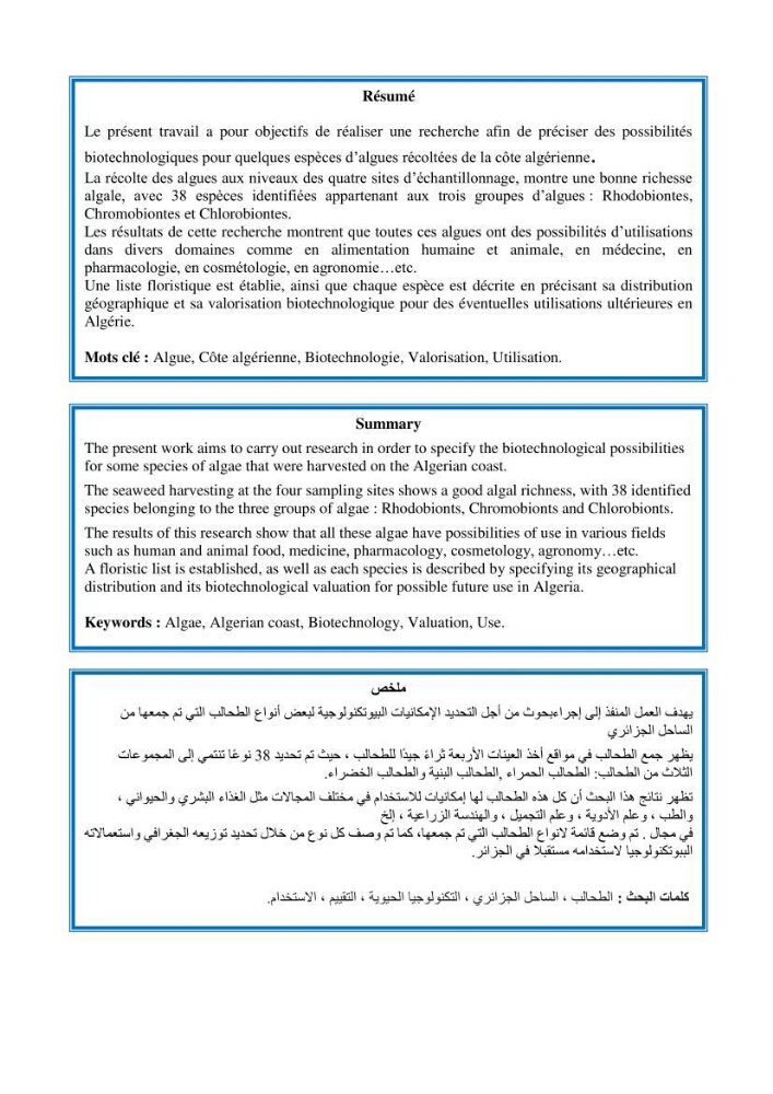 Recherche de quelques espèces algales de la co^te algérienne aux possibilités biotechnologiques