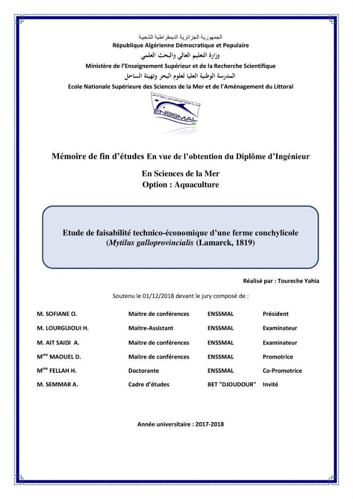 Etude de faisabilité technico-économique d’une ferme conchylicole (Mytilus galloprovincialis (Lamarck, 1819):