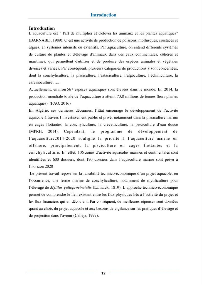 Etude de faisabilité technico-économique d’une ferme conchylicole (Mytilus galloprovincialis (Lamarck, 1819):