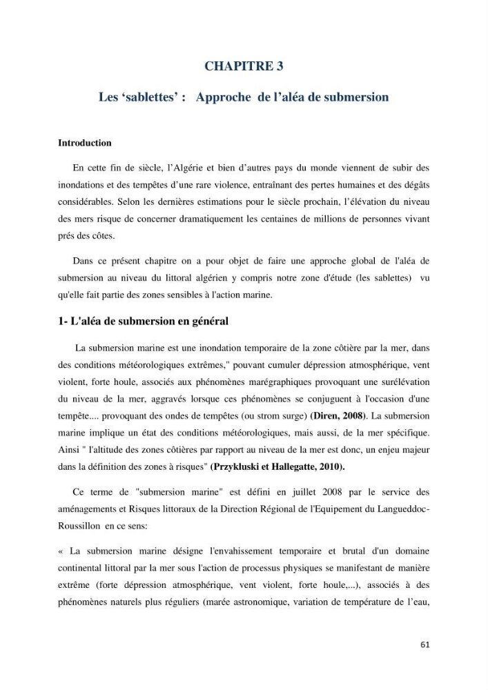 Gestion et perception du risque par la submersion dans le projet d\'aménagement des \'\' Sablettes\'\' en baie d\'Alger: