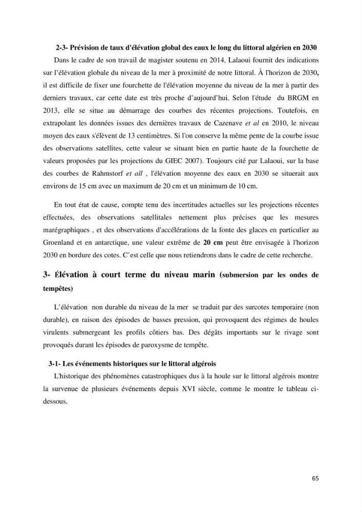Gestion et perception du risque par la submersion dans le projet d\'aménagement des \'\' Sablettes\'\' en baie d\'Alger: