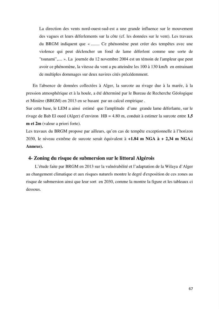Gestion et perception du risque par la submersion dans le projet d\'aménagement des \'\' Sablettes\'\' en baie d\'Alger: