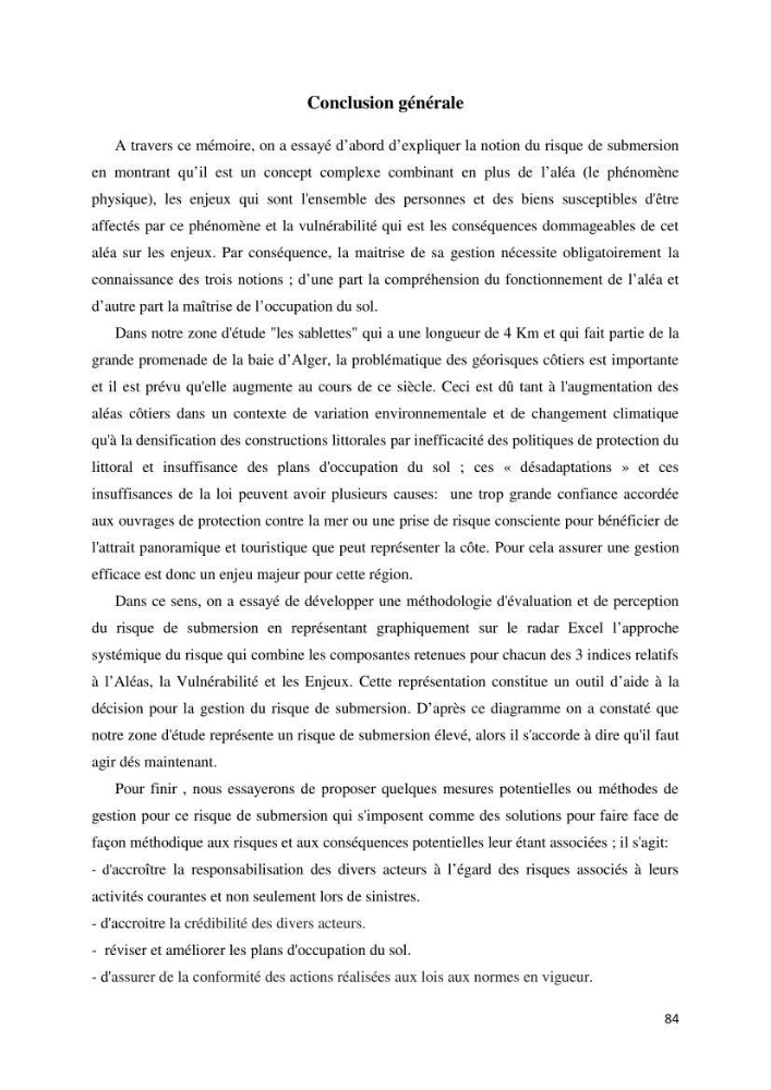 Gestion et perception du risque par la submersion dans le projet d\'aménagement des \'\' Sablettes\'\' en baie d\'Alger: