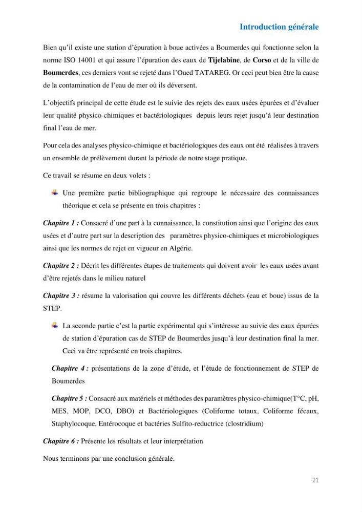 Suivi de la qualité physico-chimique et bacteriologique des eaux usées épurées de la station d\'épuration et leur effet sur l\'environnement marin