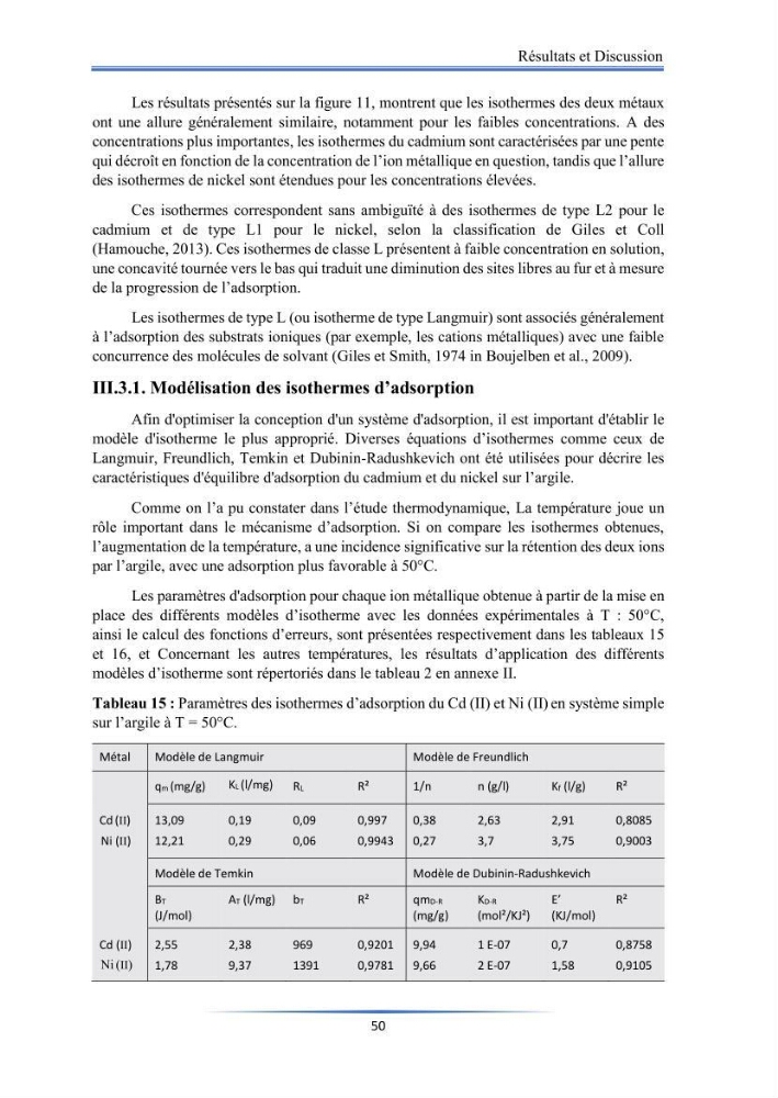 Modélisation de l\'adsorption de métaux lourds sur une argile brute algérienne