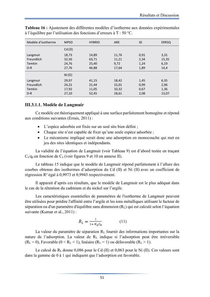 Modélisation de l\'adsorption de métaux lourds sur une argile brute algérienne
