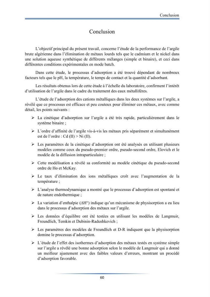 Modélisation de l\'adsorption de métaux lourds sur une argile brute algérienne