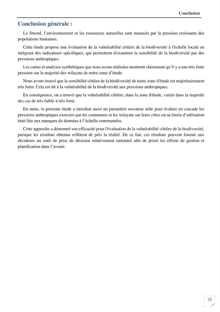 Analyses de vulnérabilité de la biodiversité aux impacts anthropiques de la côte Est Algérienne.