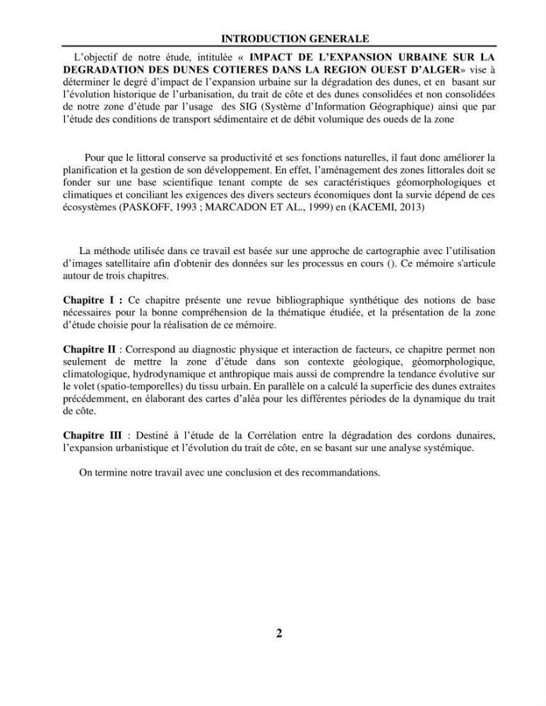 Impact de l\'expansion urbaine sur la degradation des dunes côtières dans la region ouest d\'Alger