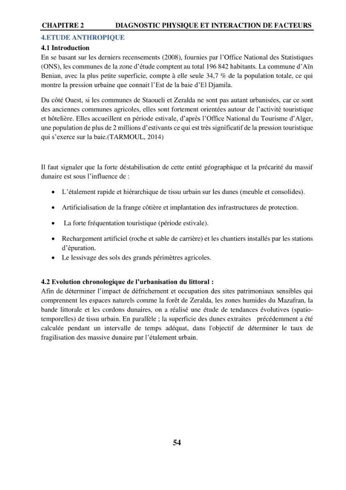 Impact de l\'expansion urbaine sur la degradation des dunes côtières dans la region ouest d\'Alger