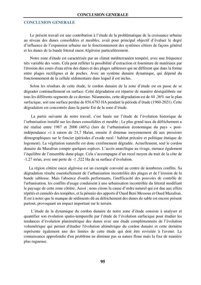 Impact de l\'expansion urbaine sur la degradation des dunes côtières dans la region ouest d\'Alger