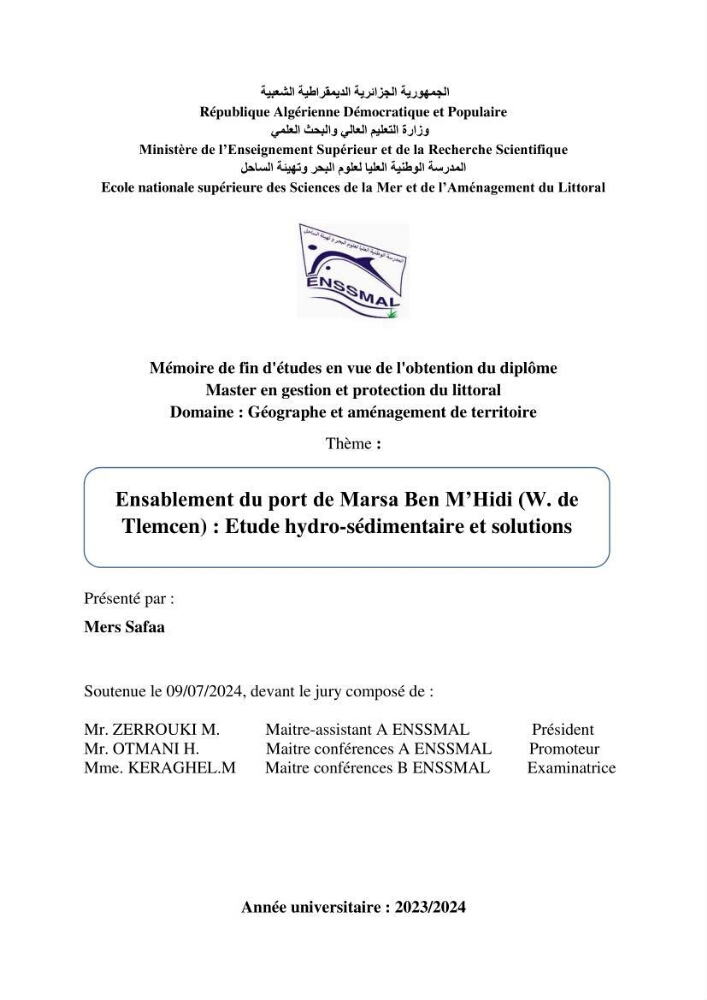 Ensablement du port de Marsa Ben M’Hidi (W. de Tlemcen) Etude hydro-sédimentaire et solutions