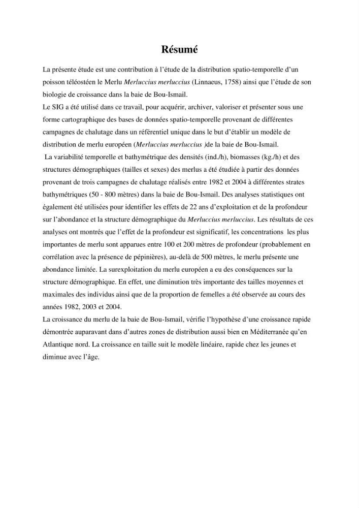 Utilisation d’un SIG (Système d’Information Géographique) dans un modèle de distribution d’une espèce : le cas de Merluccius merluccius (Linnaeus, 1758); le merlu européen de la baie de Bou-Ismail