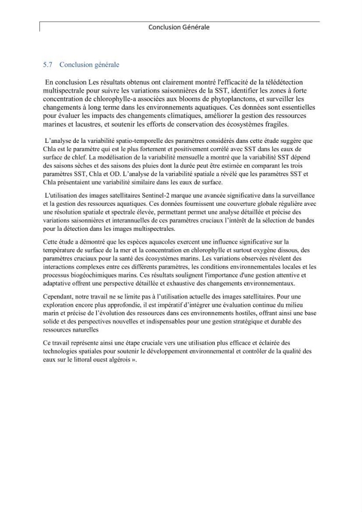 Apport de la télédétection multi spectrale des eaux littorales turbides Pour l’étude de la chlorophylle et la qualité des eaux marines Le long de la cote algérienne (Ouest)