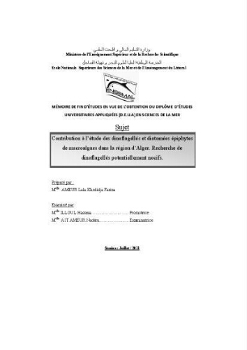 Contribution à l'étude des dinoflagellés et diatomées épiphytes de macroalgues dans la région d'alger: recherche de dinoflagellés potentiellement nocifs Contribution à l'étude des dinoflagellés et diatomées épiphytes de macroalgues dans la région d'alger: recherche de dinoflagellés potentiellement nocifs