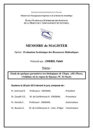 Etude de quelques paramètres éco-biologiques de Tilapia zillii ( Pisces, cichlidae) de la région de Djemaa (w. El Oued).: Etude de quelques paramètres éco-biologiques de Tilapia zillii ( Pisces, cichlidae) de la région de Djemaa (w. El Oued).: