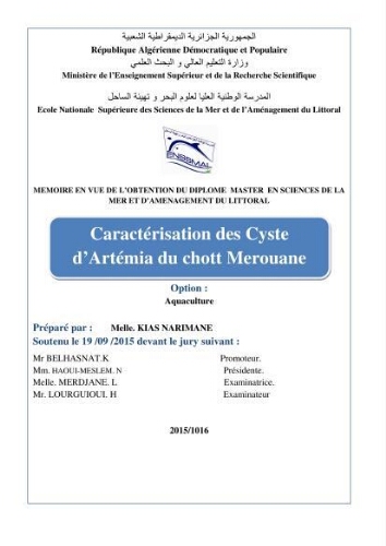 Caractérisation des cyste d'Artémia du chott Merouane: Caractérisation des cyste d'Artémia du chott Merouane: