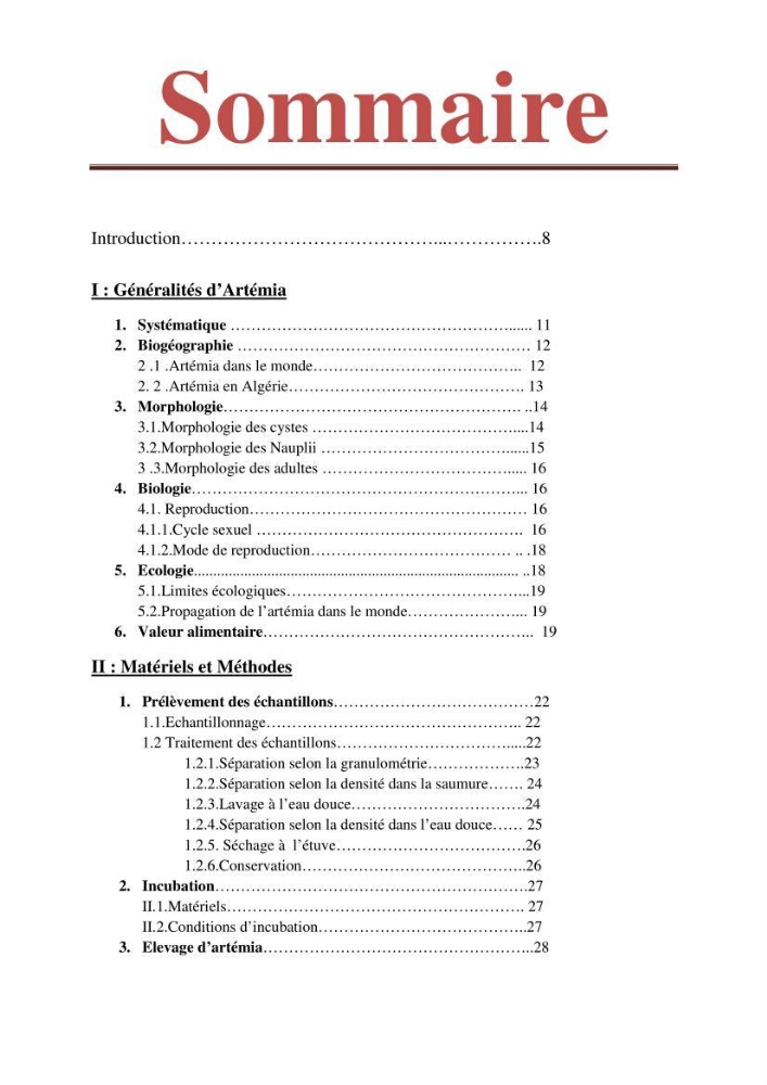 Caractérisation des cyste d\'Artémia du chott Merouane: