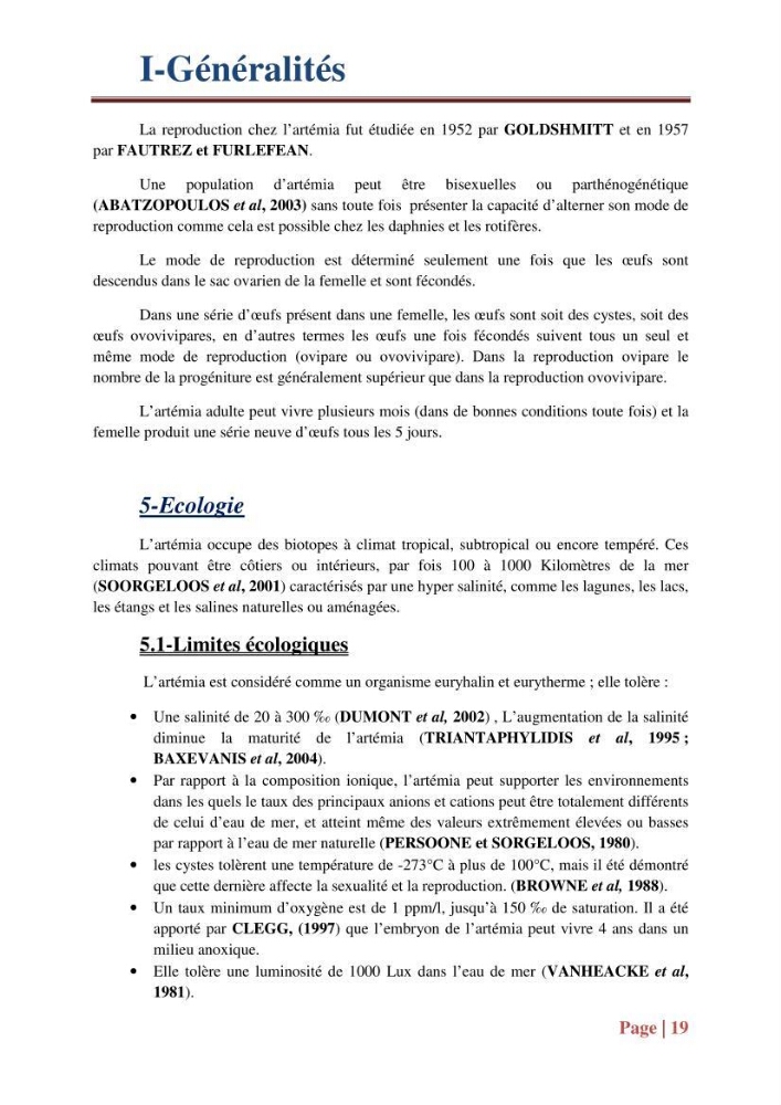 Caractérisation des cyste d\'Artémia du chott Merouane: