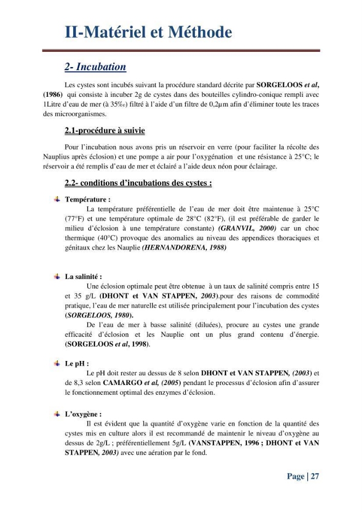 Caractérisation des cyste d\'Artémia du chott Merouane: