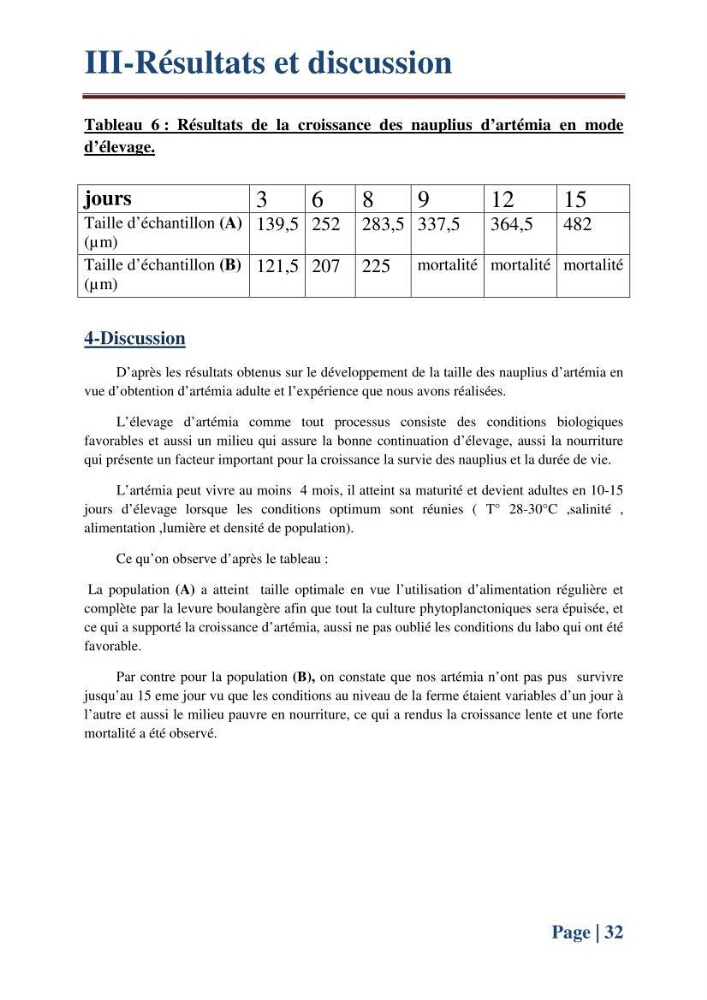 Caractérisation des cyste d\'Artémia du chott Merouane: