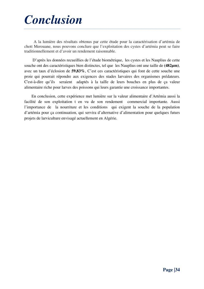 Caractérisation des cyste d\'Artémia du chott Merouane: