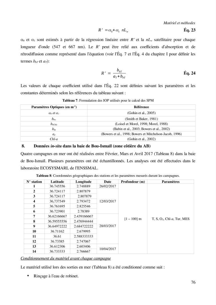 Etude par télédétection et mesures in situ des efflorescences algales et de la matière en suspension dans le Bassin Algérien
