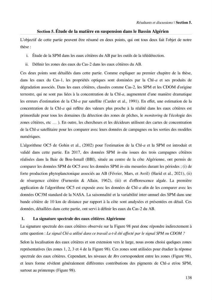 Etude par télédétection et mesures in situ des efflorescences algales et de la matière en suspension dans le Bassin Algérien