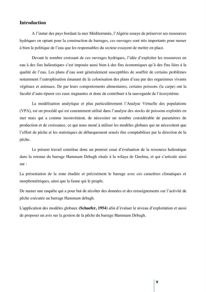 Evaluation de la ressource halieutique au barrage hammam Debagh de la wilaya de Guelma: