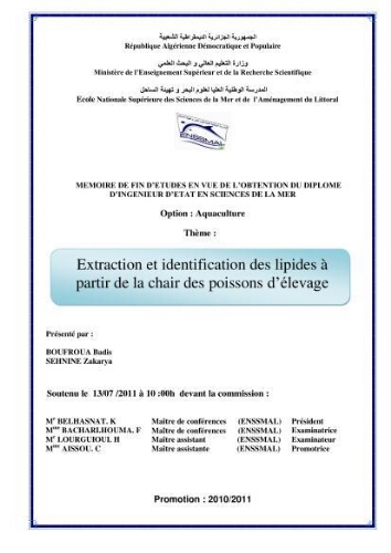 Extraction et identification des lipides à partir de la chair des poissons d'élevage: Extraction et identification des lipides à partir de la chair des poissons d'élevage: