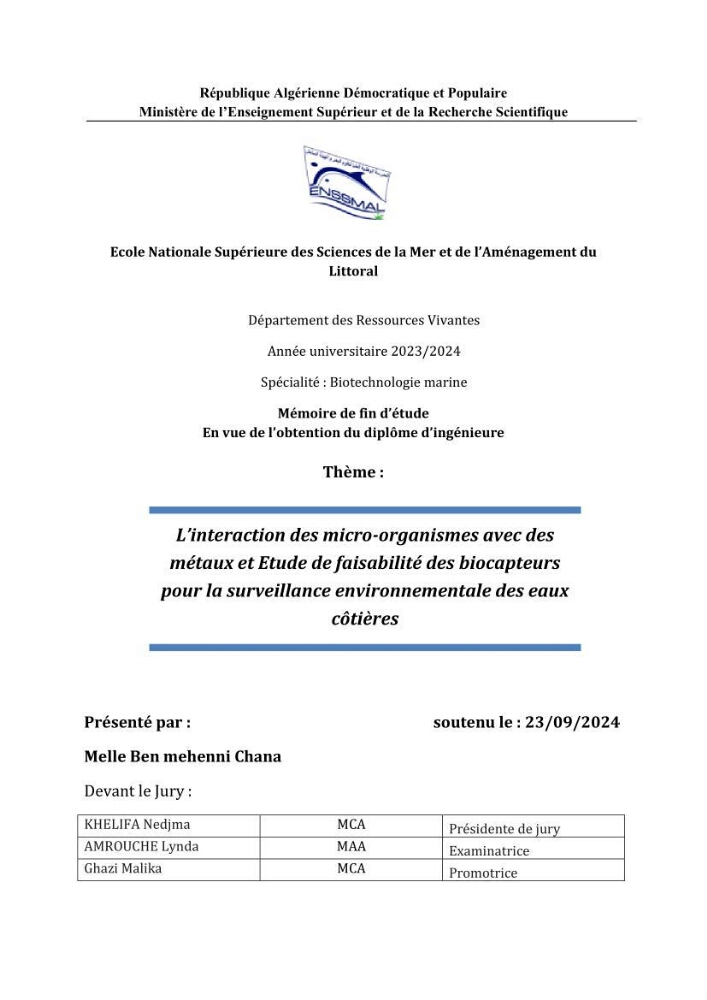 L’interaction des micro-organismes avec des métaux et Etude de faisabilité des biocapteurs pour la surveillance environnementale des eaux côtières