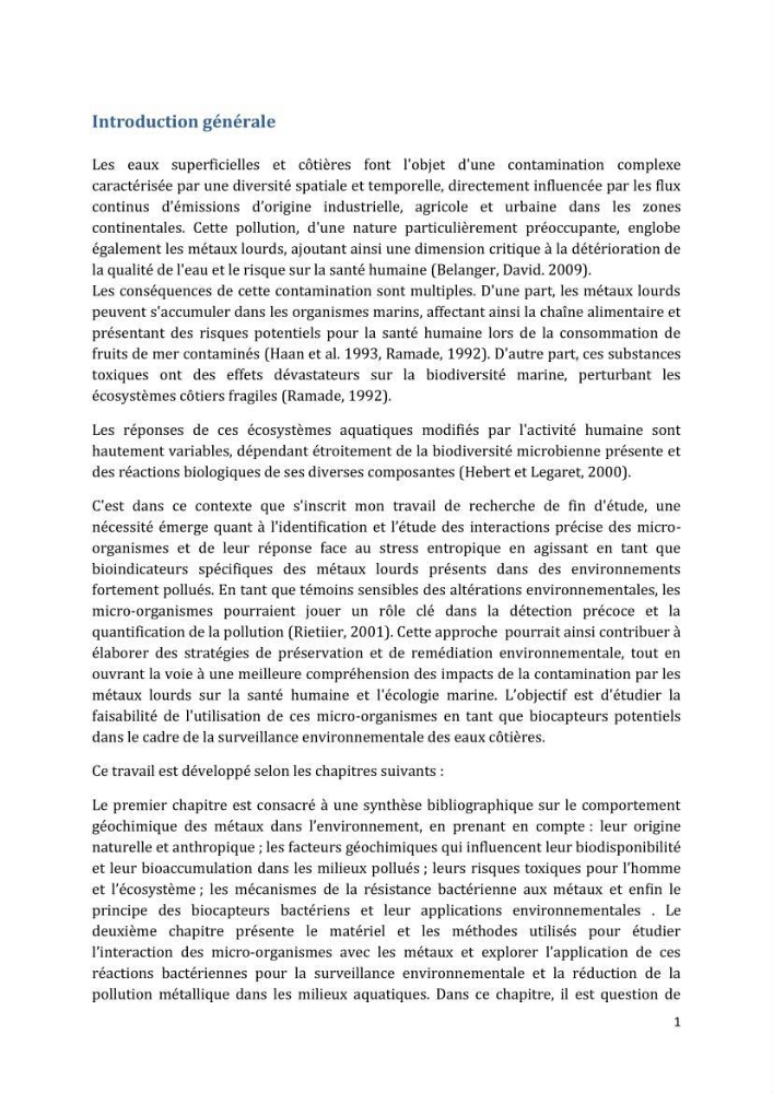 L’interaction des micro-organismes avec des métaux et Etude de faisabilité des biocapteurs pour la surveillance environnementale des eaux côtières