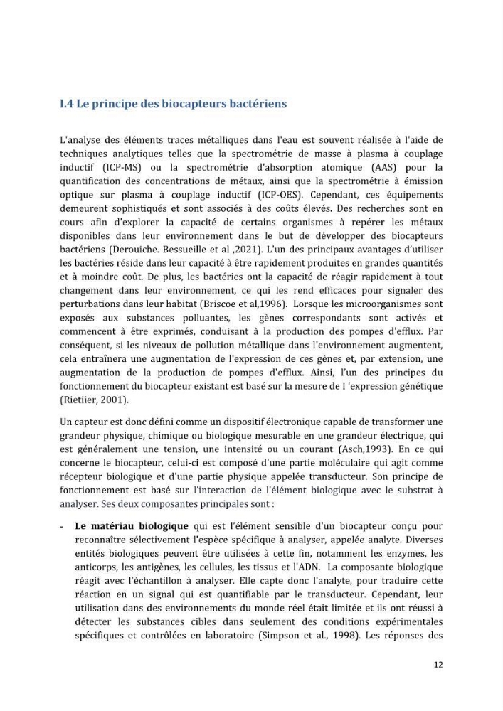 L’interaction des micro-organismes avec des métaux et Etude de faisabilité des biocapteurs pour la surveillance environnementale des eaux côtières