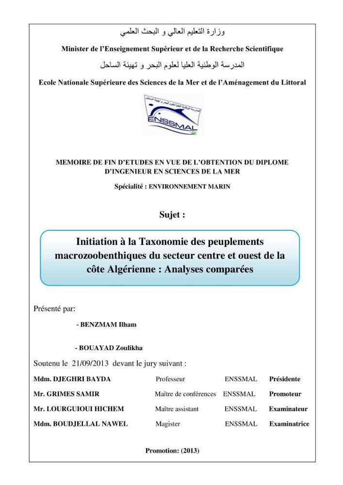 Initiation à la taxonomie des peuplements macrozoobenthiques du secteur centre et ouest de la côte Algérienne