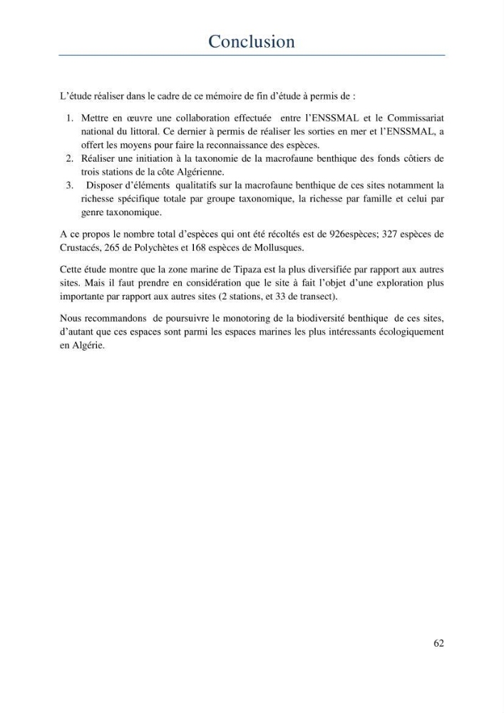 Initiation à la taxonomie des peuplements macrozoobenthiques du secteur centre et ouest de la côte Algérienne