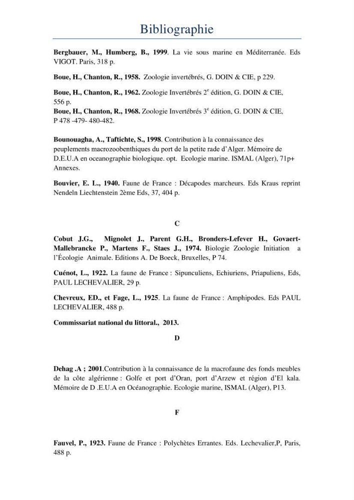 Initiation à la taxonomie des peuplements macrozoobenthiques du secteur centre et ouest de la côte Algérienne