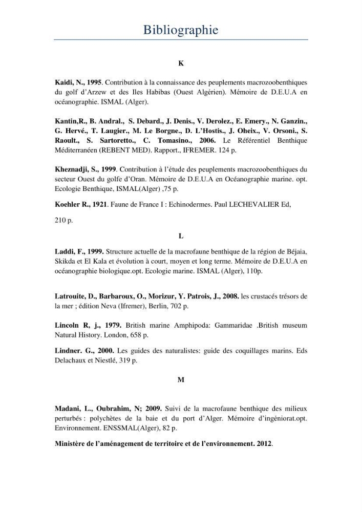 Initiation à la taxonomie des peuplements macrozoobenthiques du secteur centre et ouest de la côte Algérienne