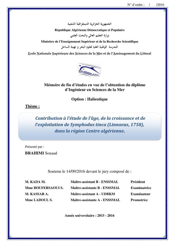 Contribution a l\'étude de l\'age, de la croissance et de l\'exploitation de symphodus tinca linnaeus,1758,dans la région centr algerienne.: