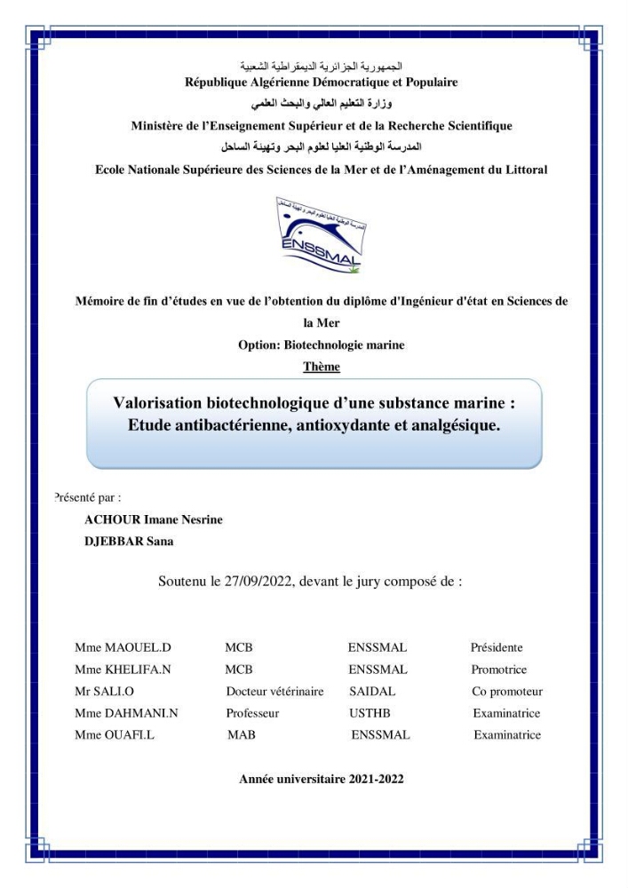 Valorisation biotechnologique d’une substance marine: étude antibactérienne, antioxydante et analgésique
