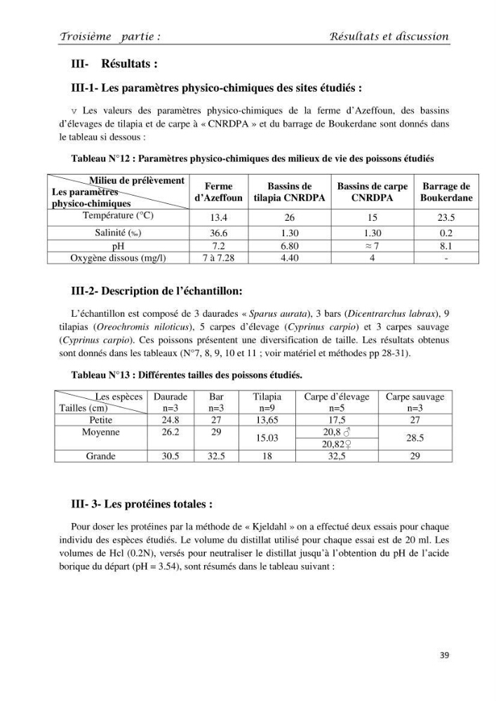 Détermination du taux des protéines et des lipides de la chair des poissons d\'eau de mer (Dicentrarchus labrax, Sparus aurata) et d\'eau douce (Oreochromis niloticus, Cyprinus carpio):
