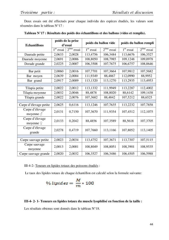 Détermination du taux des protéines et des lipides de la chair des poissons d\'eau de mer (Dicentrarchus labrax, Sparus aurata) et d\'eau douce (Oreochromis niloticus, Cyprinus carpio):