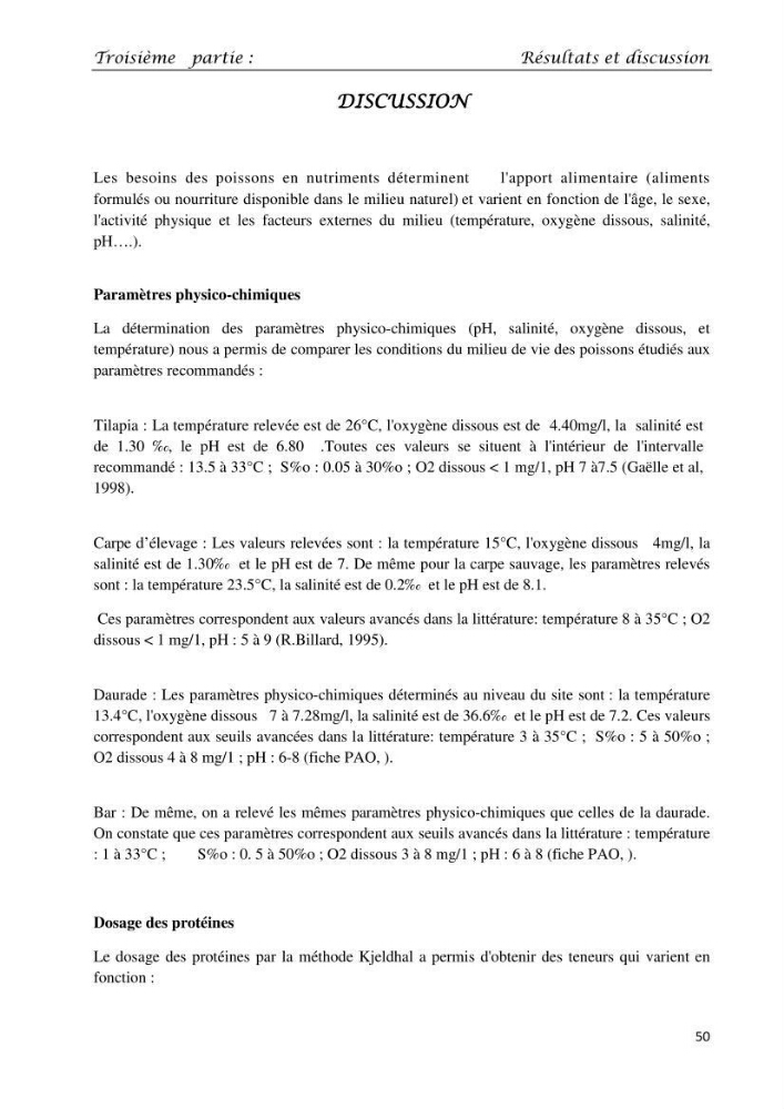 Détermination du taux des protéines et des lipides de la chair des poissons d\'eau de mer (Dicentrarchus labrax, Sparus aurata) et d\'eau douce (Oreochromis niloticus, Cyprinus carpio):