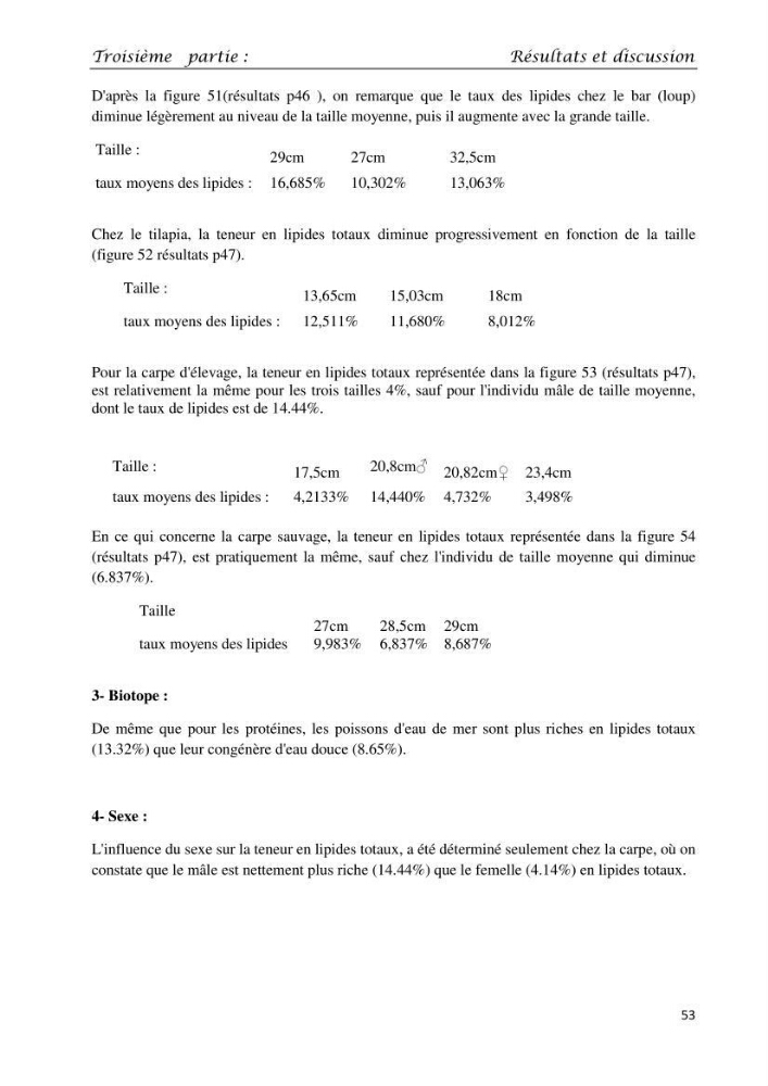 Détermination du taux des protéines et des lipides de la chair des poissons d\'eau de mer (Dicentrarchus labrax, Sparus aurata) et d\'eau douce (Oreochromis niloticus, Cyprinus carpio):