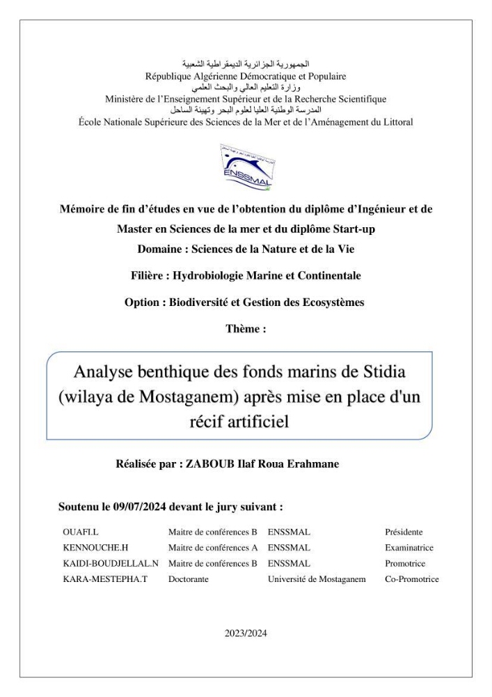 Analyse benthique des fonds marins de Stidia (Wilaya de Mostaganem ) aprés mise en place d\'un récif artificiel