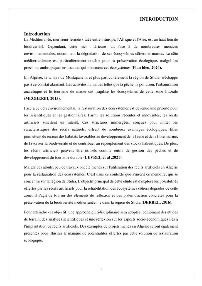 Analyse benthique des fonds marins de Stidia (Wilaya de Mostaganem ) aprés mise en place d\'un récif artificiel