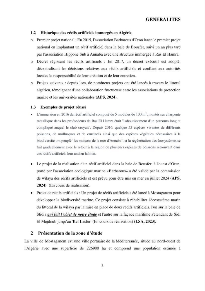 Analyse benthique des fonds marins de Stidia (Wilaya de Mostaganem ) aprés mise en place d\'un récif artificiel
