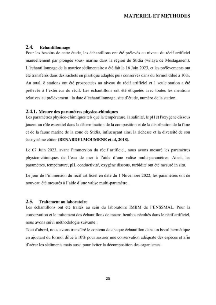 Analyse benthique des fonds marins de Stidia (Wilaya de Mostaganem ) aprés mise en place d\'un récif artificiel